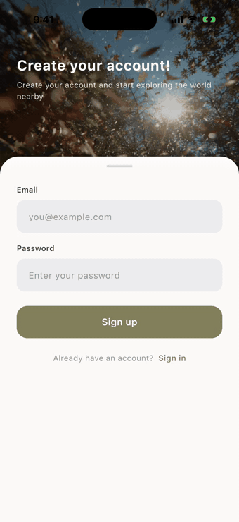 Limere sign-up screen, ambient looping hero